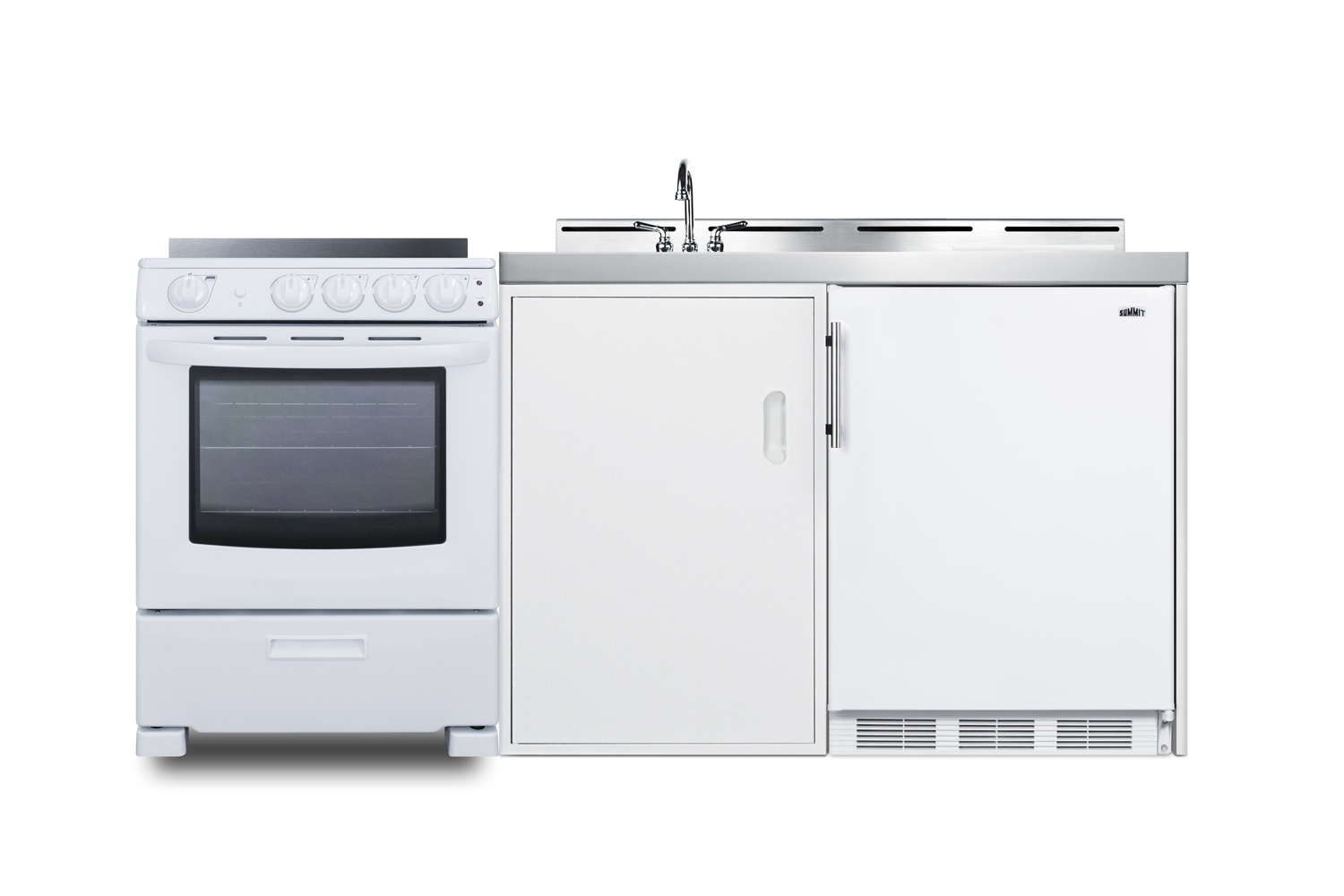 72 inch wide all-in-one kitchenette with 4-burner 220V smooth-top electric range, refrigerator-freezer, sink, cutting board and cutlery storage, and a storage cabinet